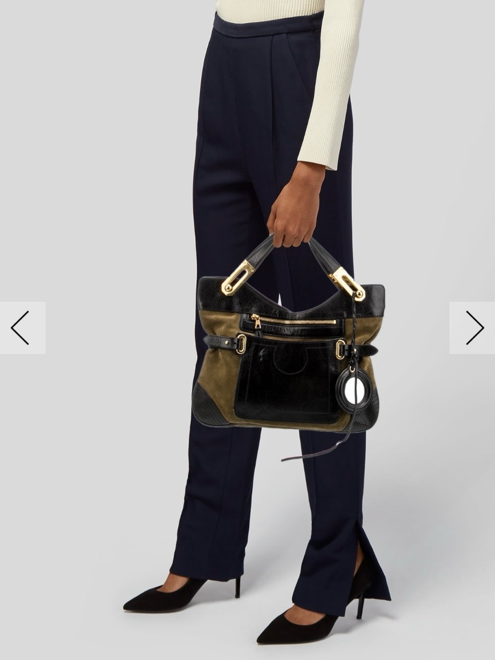 Balenciaga Black and Olive Suede-Trim Satchel with Gold Hardware